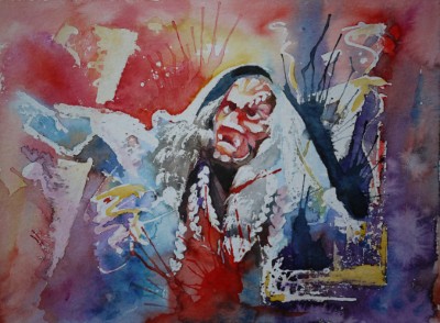 Aquarellbild einer bunten Fasnachtsgestalt